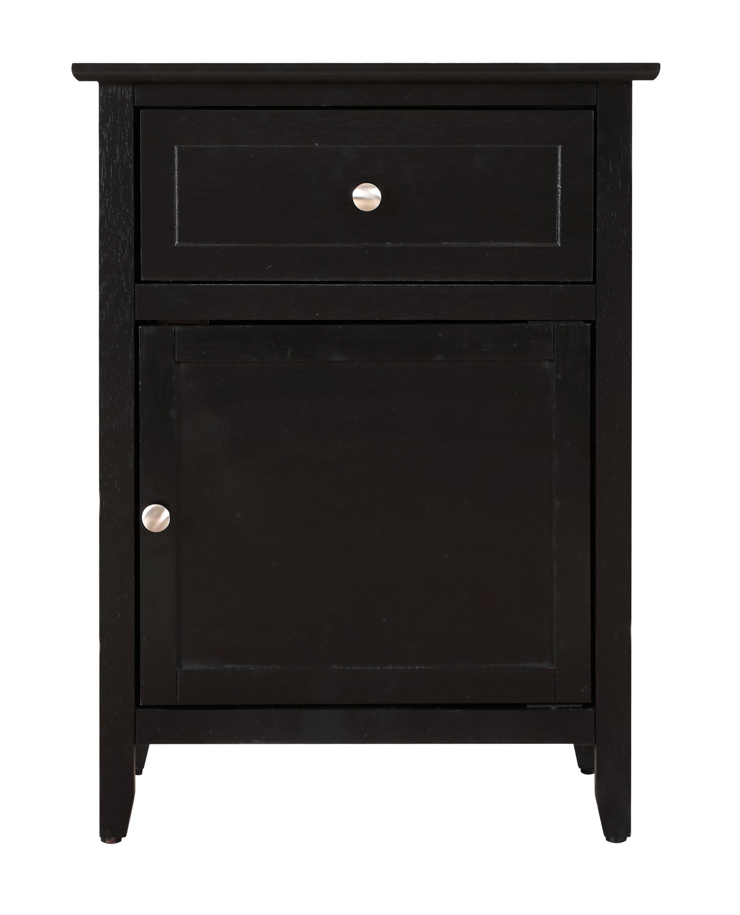 Classic black wooden nightstand with a single drawer and cabinet