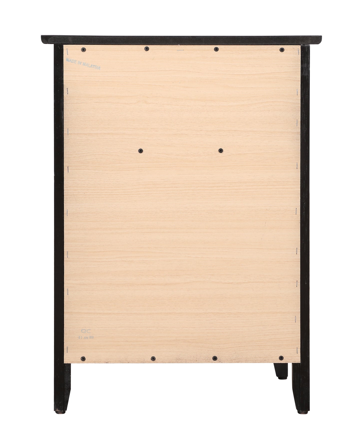 Back of black wood dresser showing light wood paneling and screws