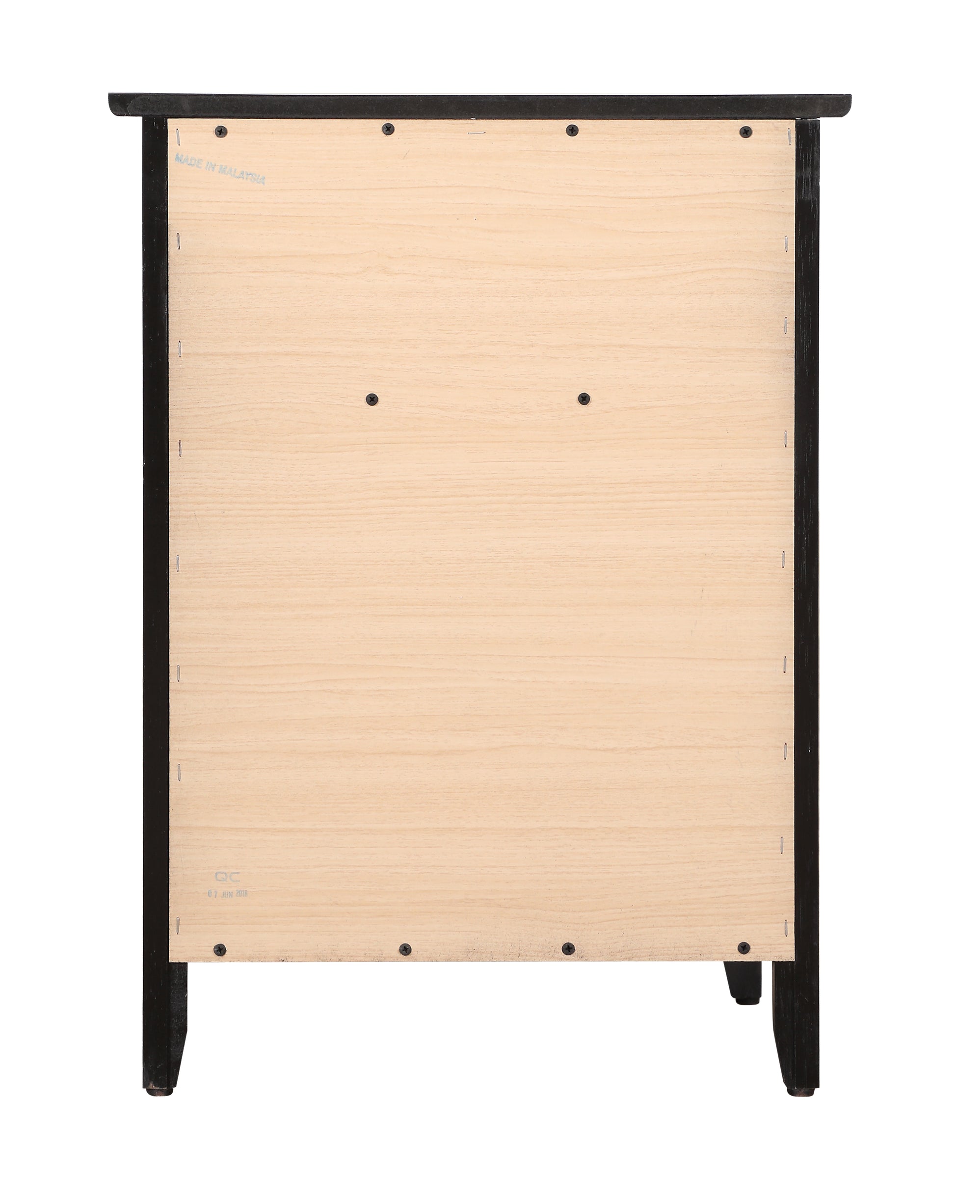 Back of black wood dresser showing light wood paneling and screws