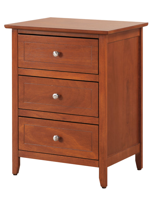 Warm brown wooden nightstand with three drawers and silver knobs