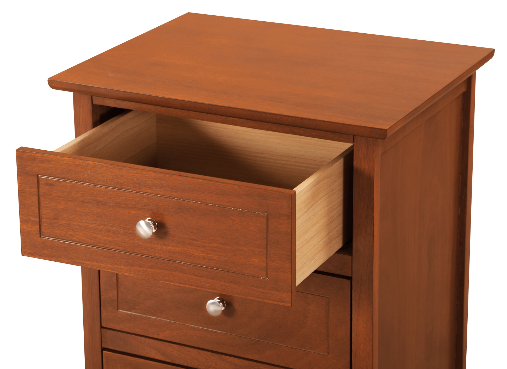 Rich brown wooden dresser with one open drawer revealing unfinished interior and brushed nickel knob