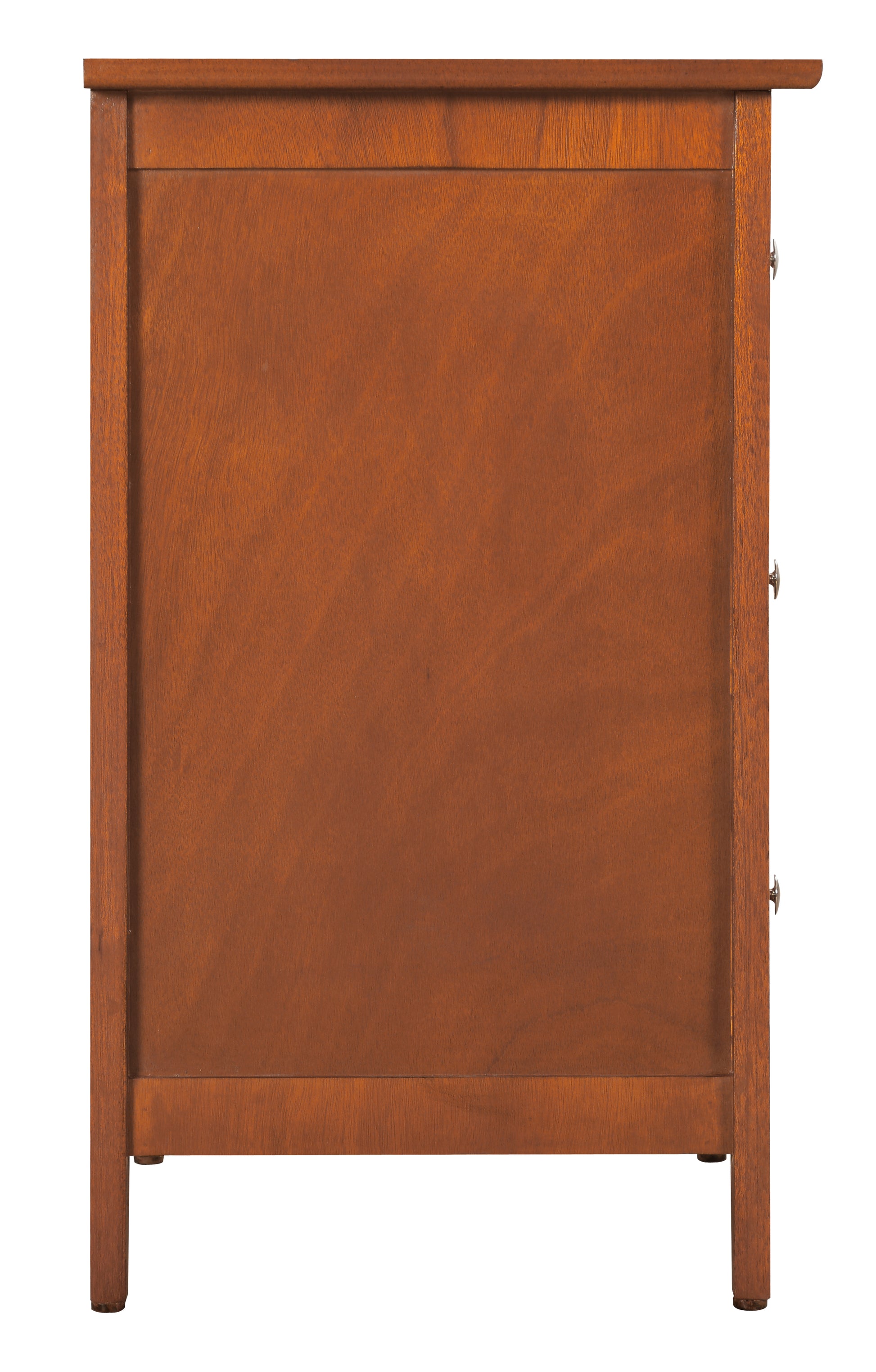 Rich mahogany wood dresser side view featuring clean lines and minimalist hardware