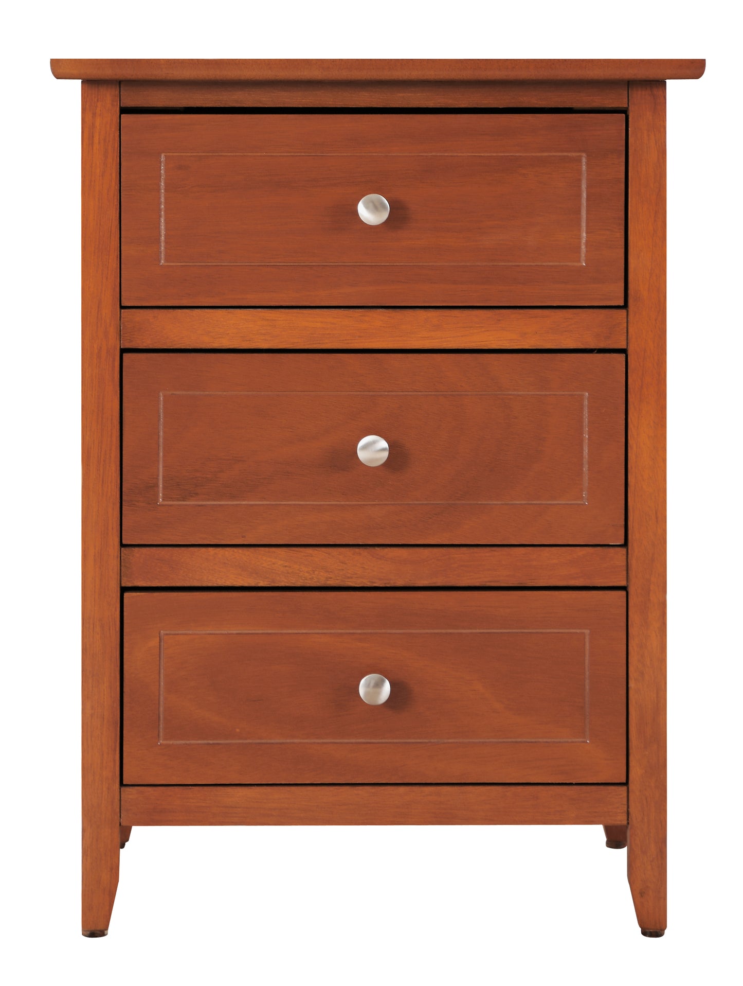 Cherry wood nightstand with three drawers and silver knobs for bedroom storage