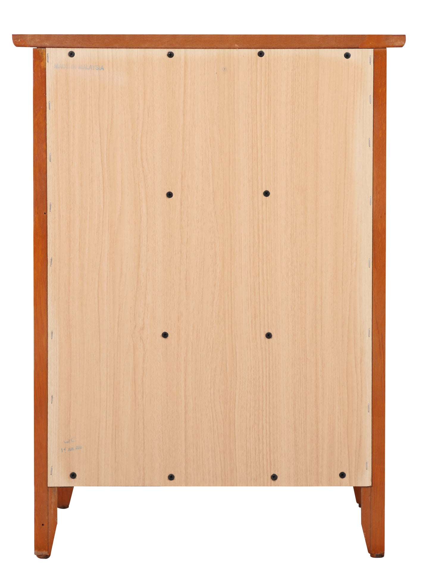 Rear view of a light wood veneer dresser back panel with brown wooden frame and visible screws