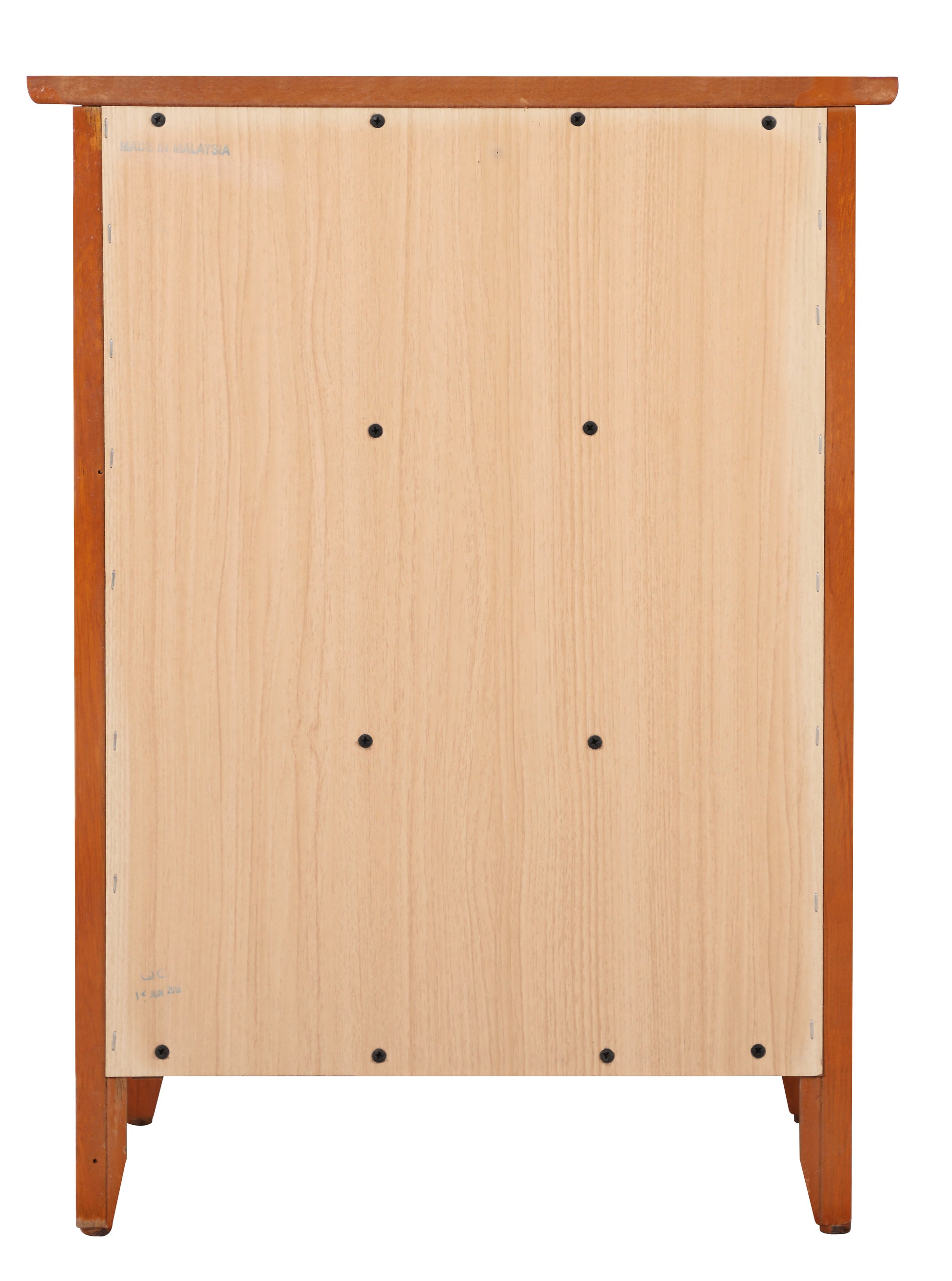 Rear view of a light wood veneer dresser back panel with brown wooden frame and visible screws