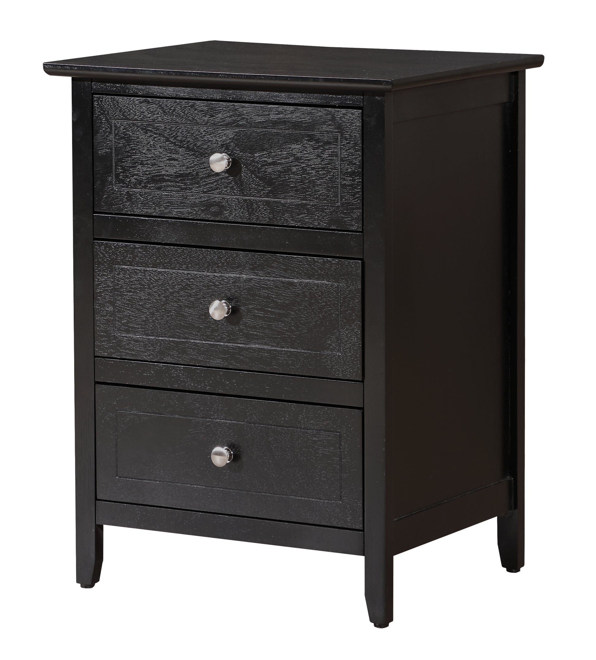 Black wooden nightstand with three drawers and brushed nickel knobs