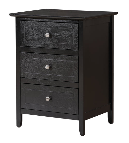 Black wooden nightstand with three drawers and brushed nickel knobs