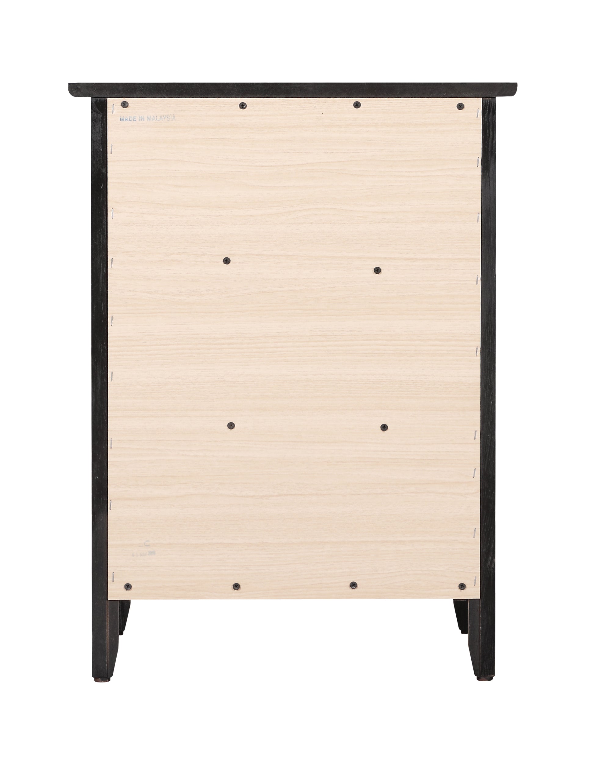Black framed chest of drawers back view showing light wood paneling and Made in Malaysia stamp