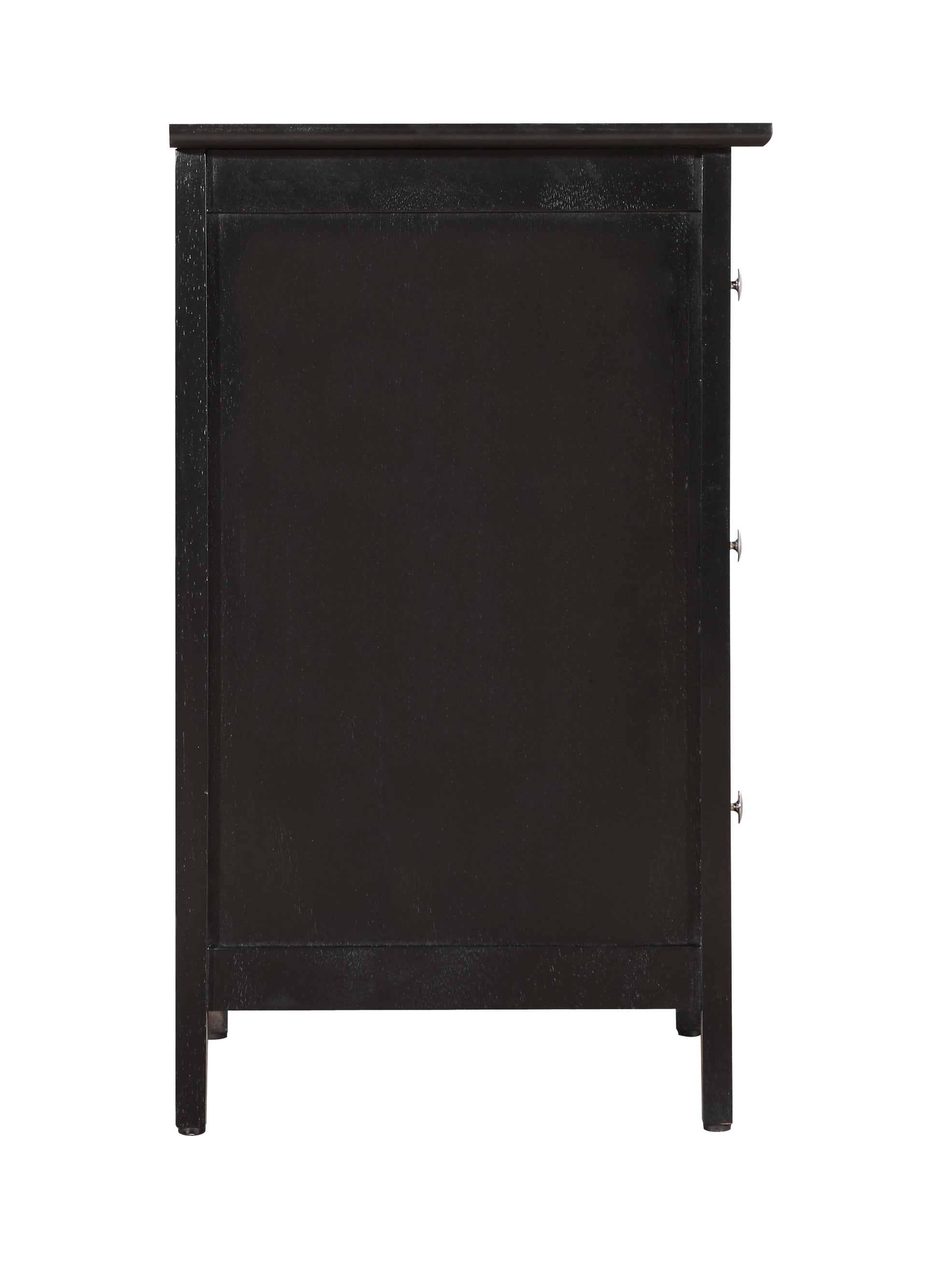 Dark brown wooden dresser with three visible drawers and silver knobs classic design for bedroom storage