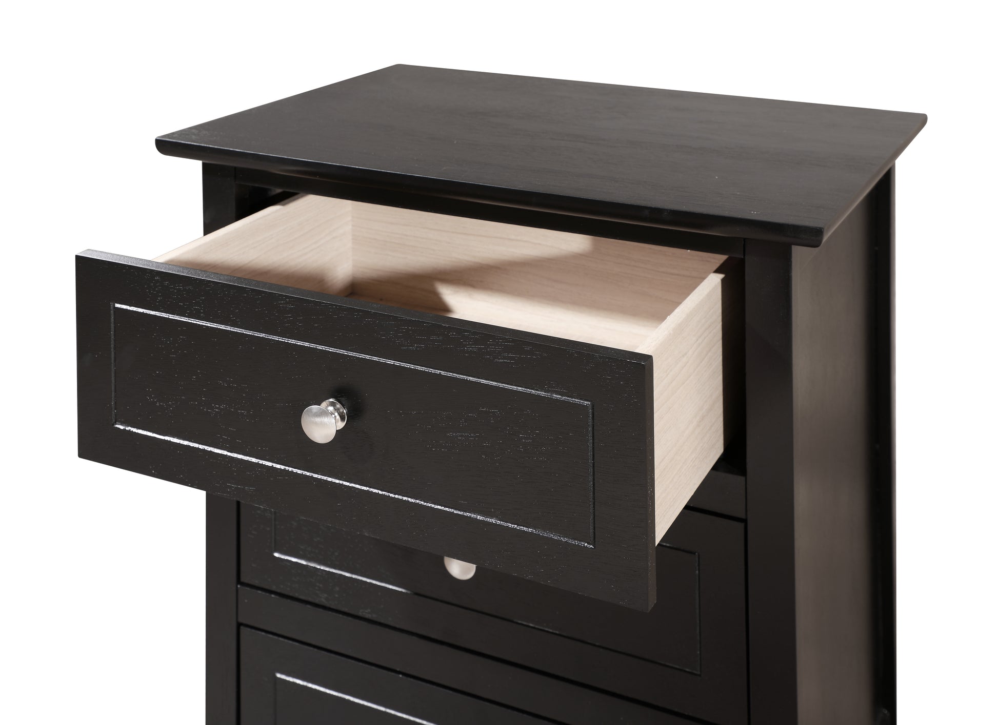 Black wooden bedside table with one open drawer and silver knob