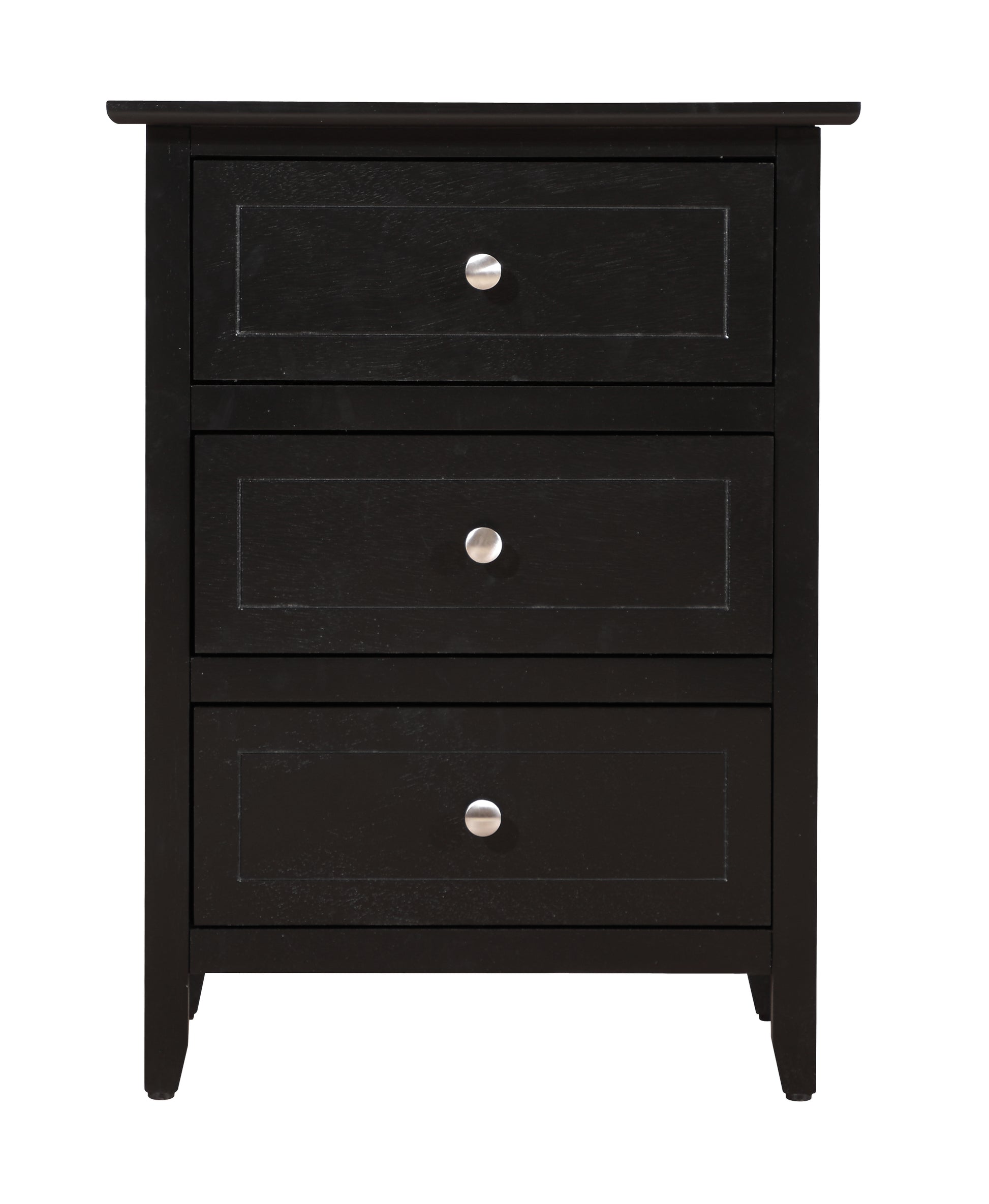 Classic black threedrawer nightstand with silver knobs