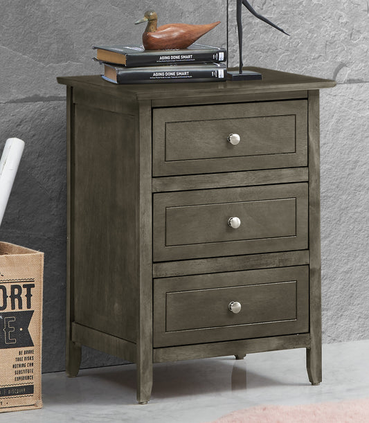 Rustic gray wooden nightstand with three drawers and silver knobs perfect for bedroom storage