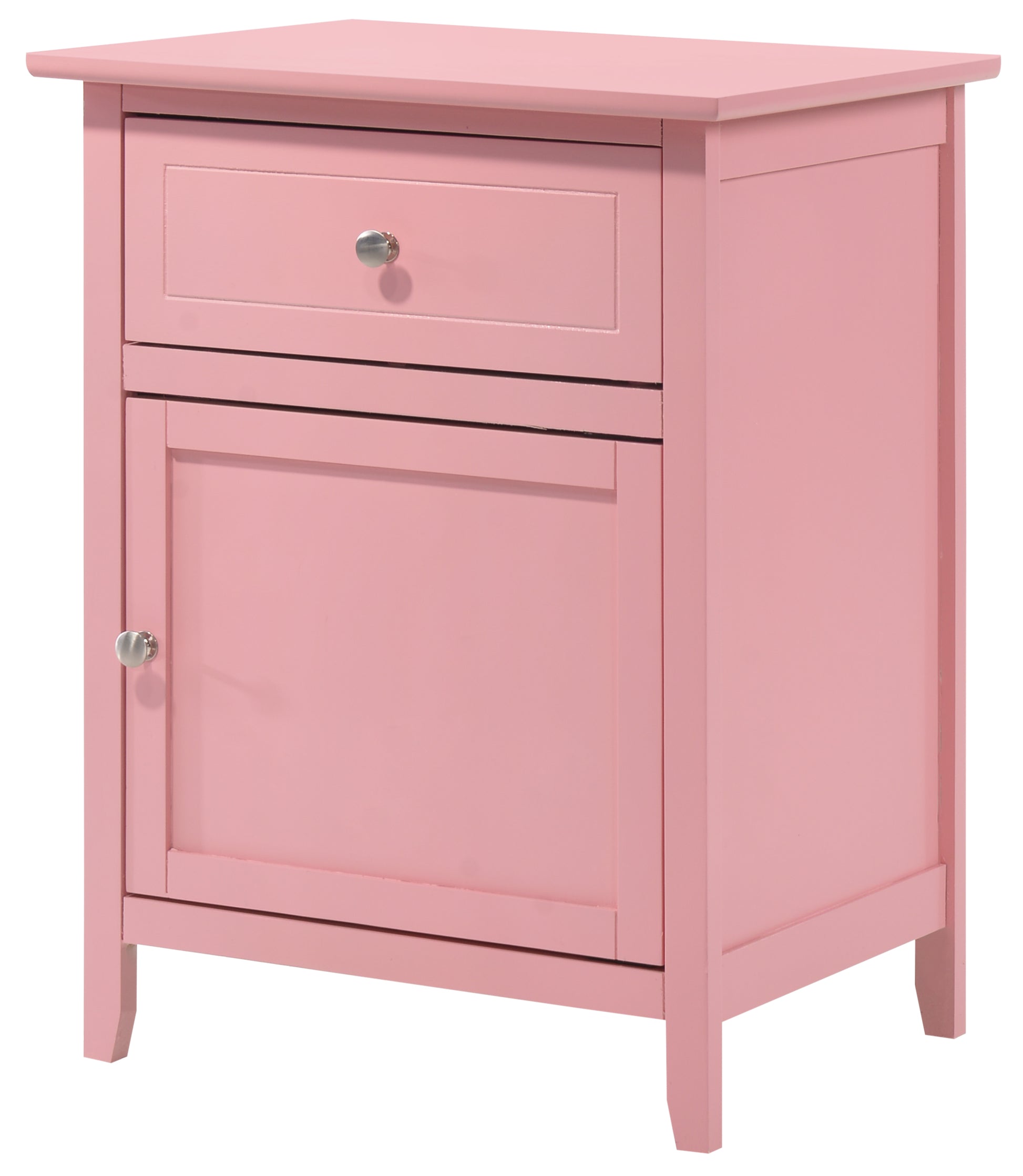 Pink wooden nightstand with one drawer and cabinet
