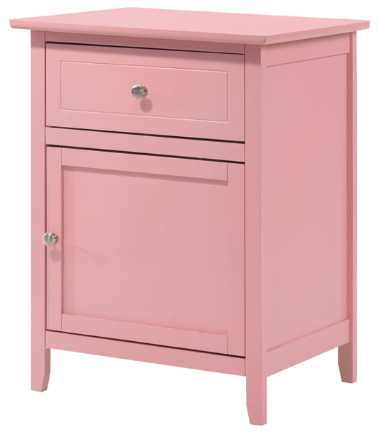 Pink wooden nightstand with one drawer and cabinet