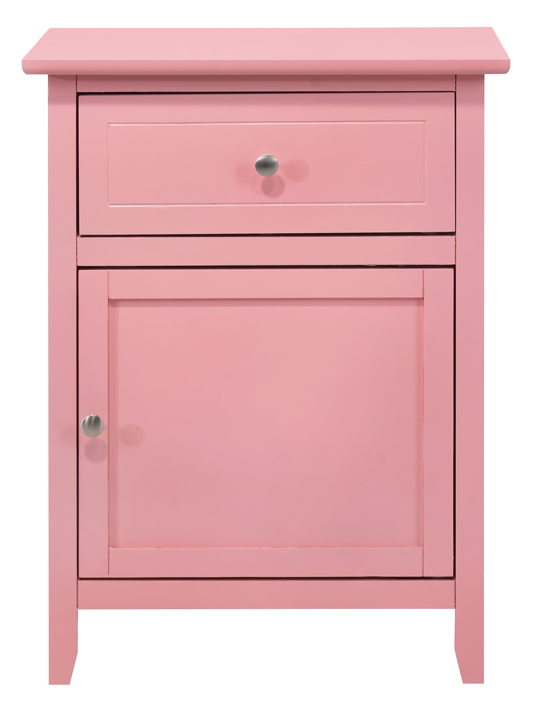 Pink wooden nightstand with one drawer and one cabinet door