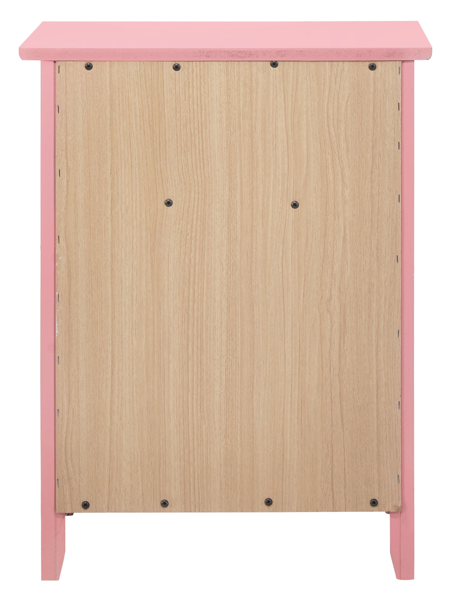 Back view of a pink wood cabinet with a light wood grain back panel
