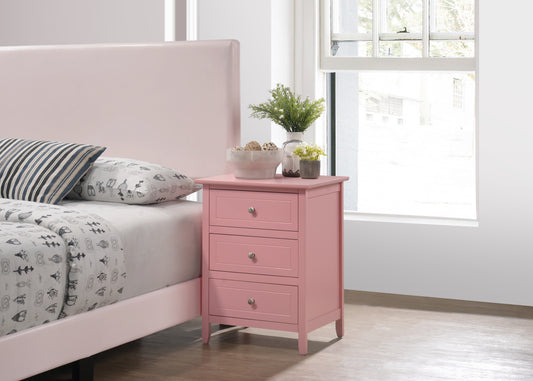 Pink threedrawer wood nightstand with silver knobs beside a bed