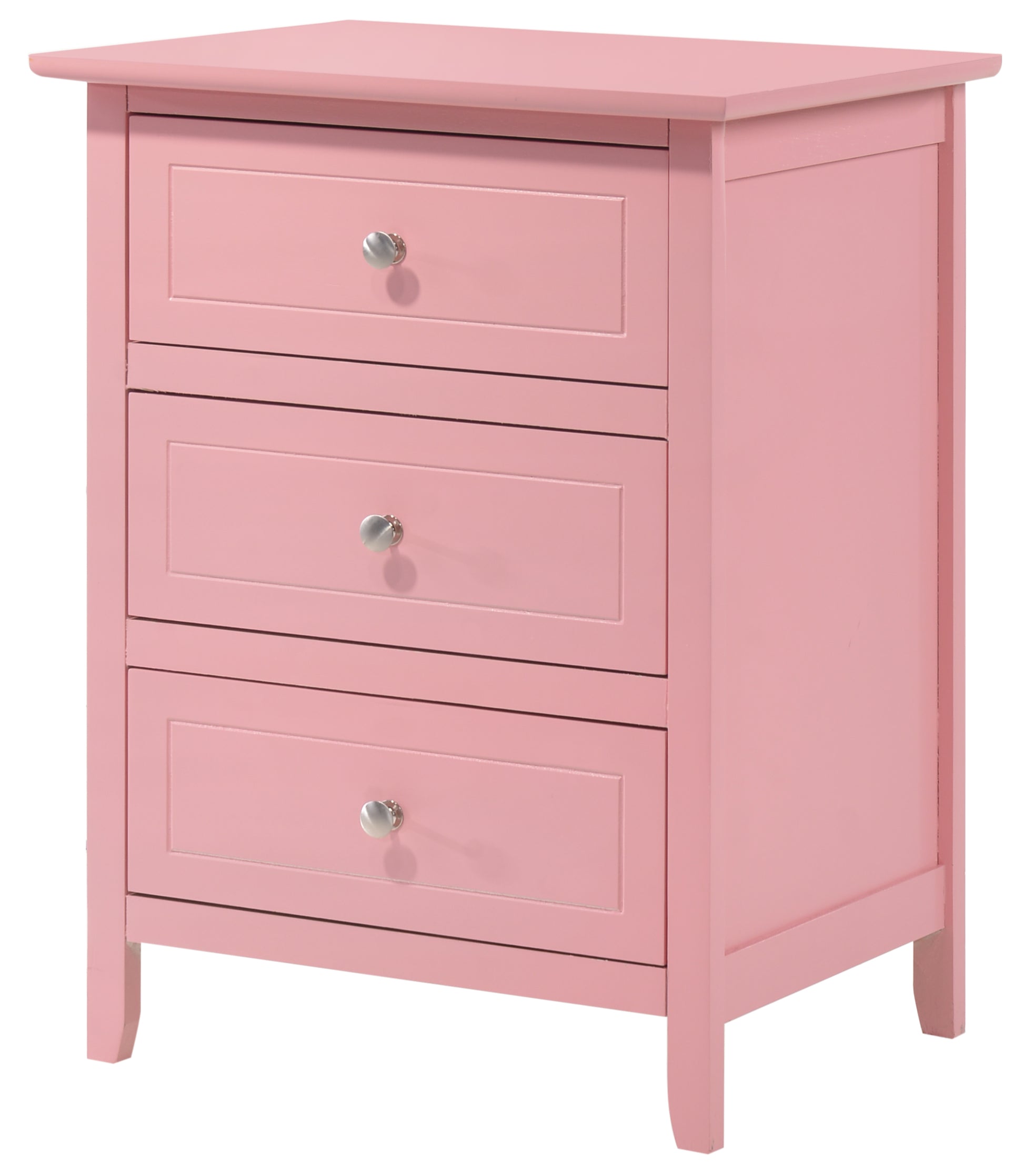 Pink threedrawer nightstand with silver knobs and paneled drawer fronts