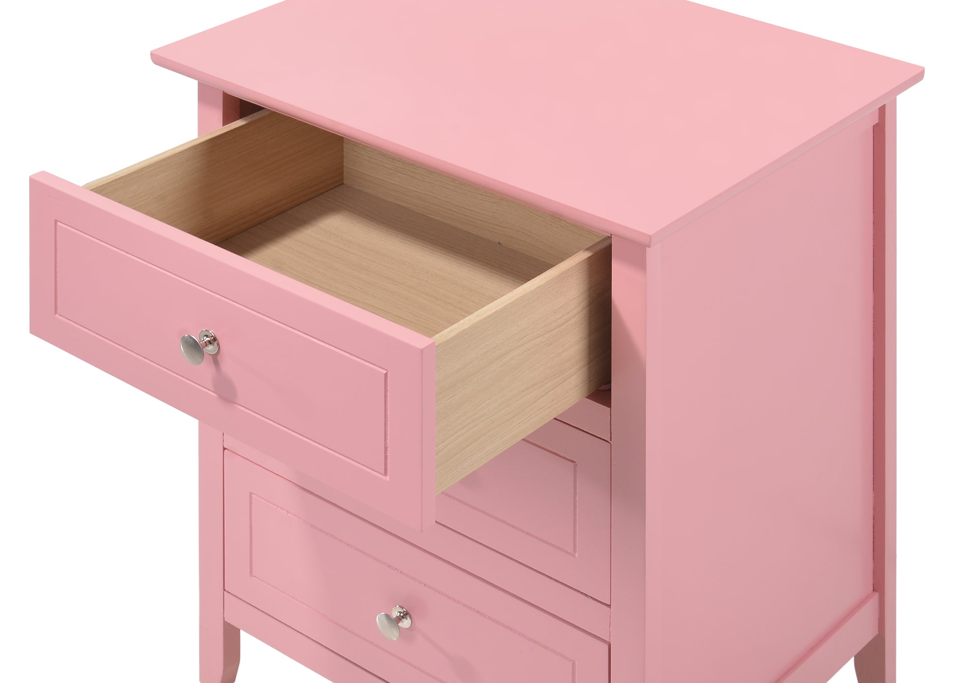 Pink wooden bedside table with one open drawer and silver knob
