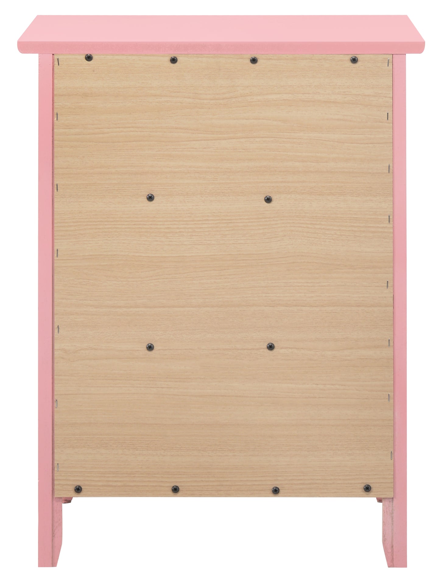 Pink wooden dresser back panel with visible screw assembly details