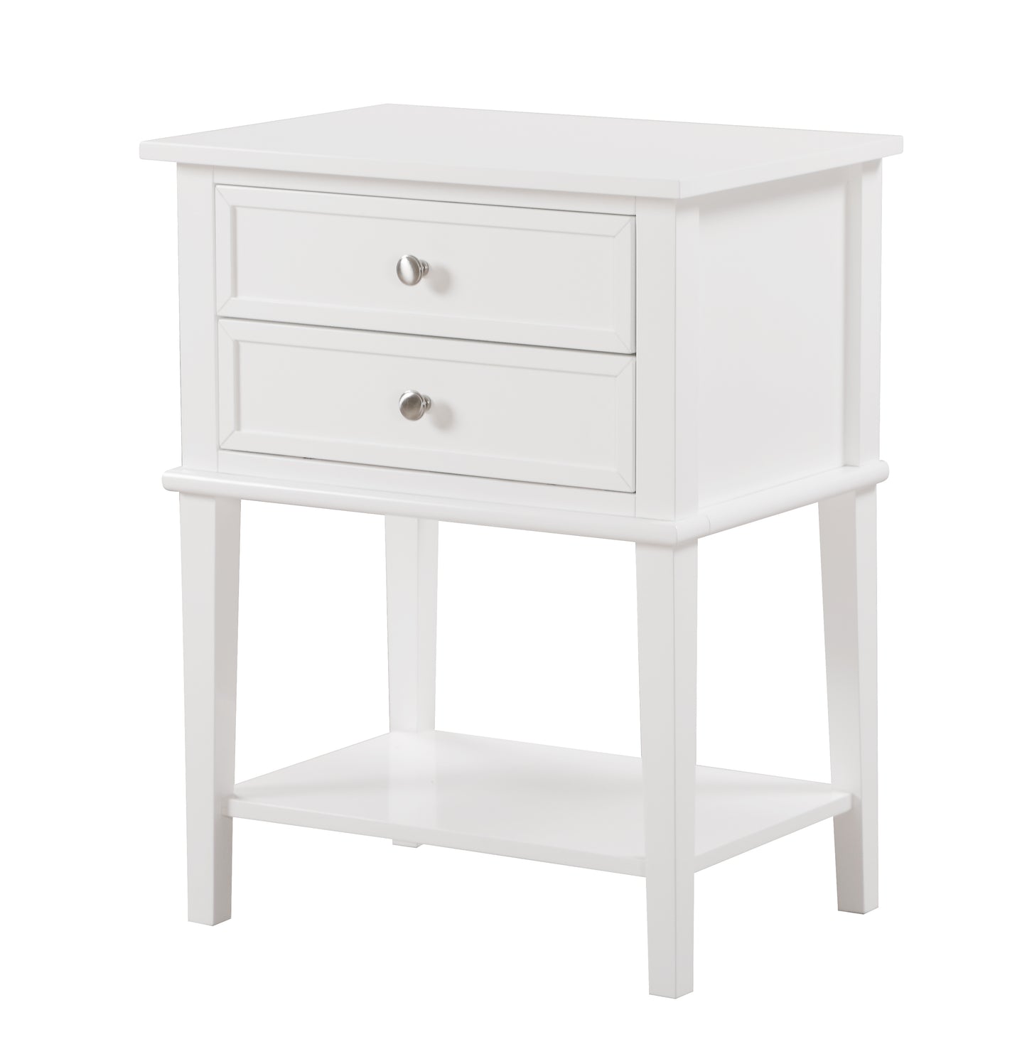 White wooden twodrawer nightstand with open shelf and silver knobs