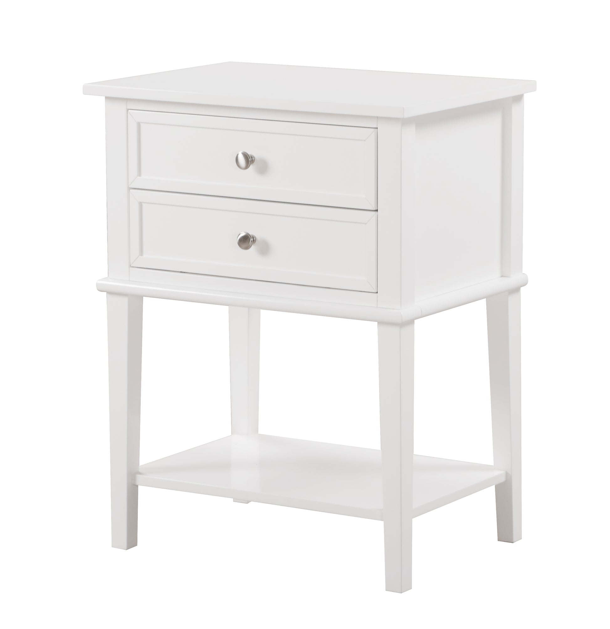White wooden twodrawer nightstand with open shelf and silver knobs