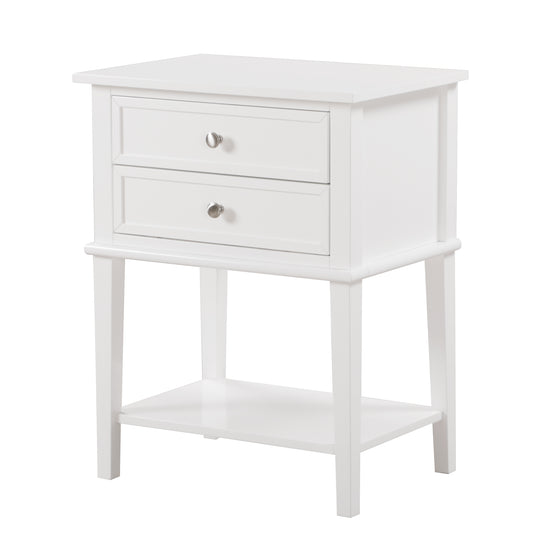 White wooden twodrawer nightstand with open shelf and silver knobs