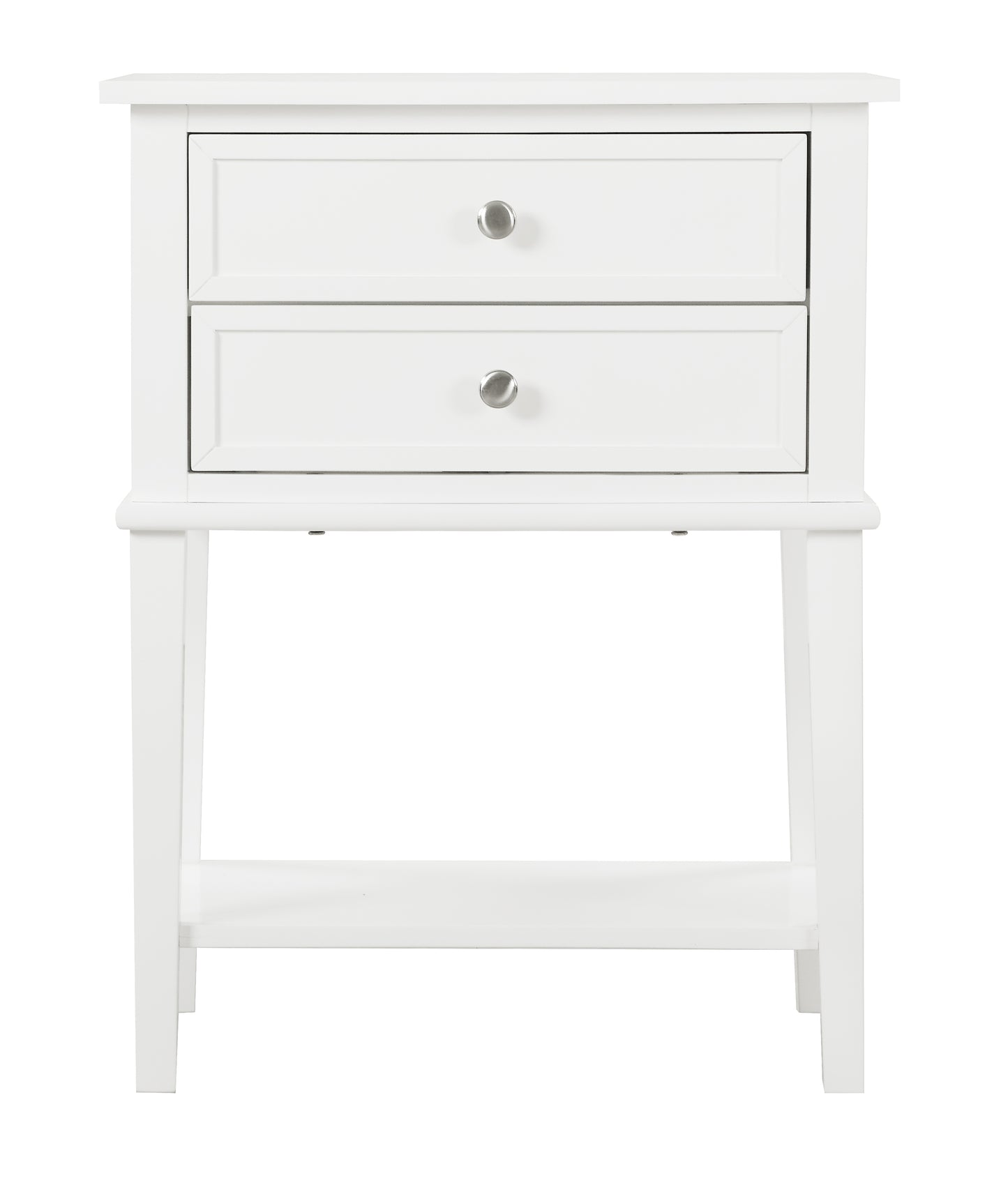 White wooden bedside table with two drawers and a lower shelf
