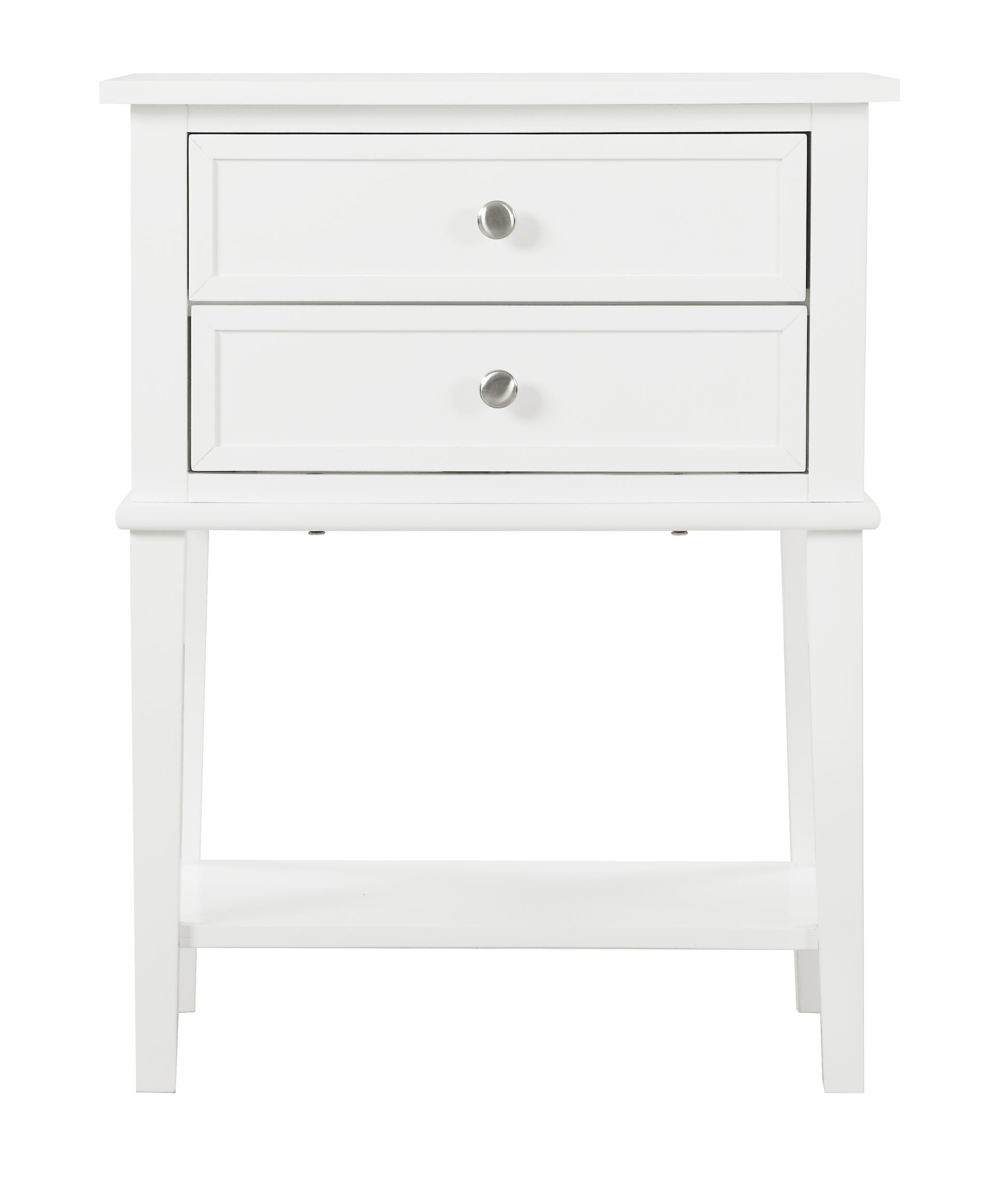 White wooden bedside table with two drawers and a lower shelf