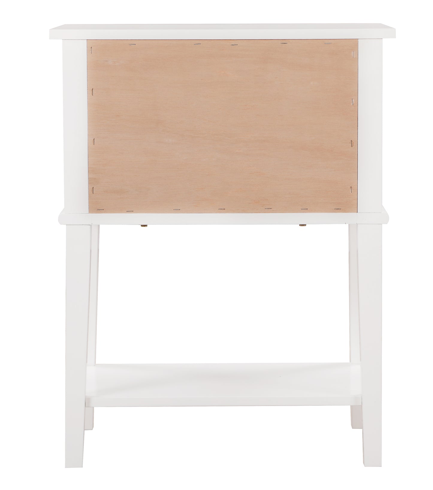 White wooden bedside table with unfinished wood back panel and open shelf