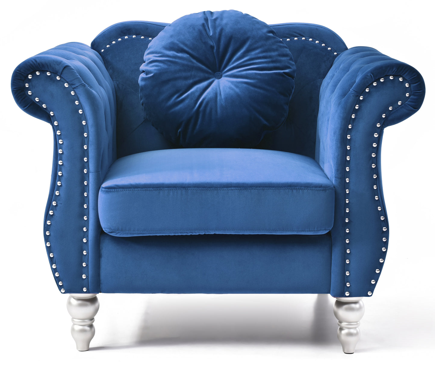 Deep blue velvet armchair with tufted back and silver nailhead trim