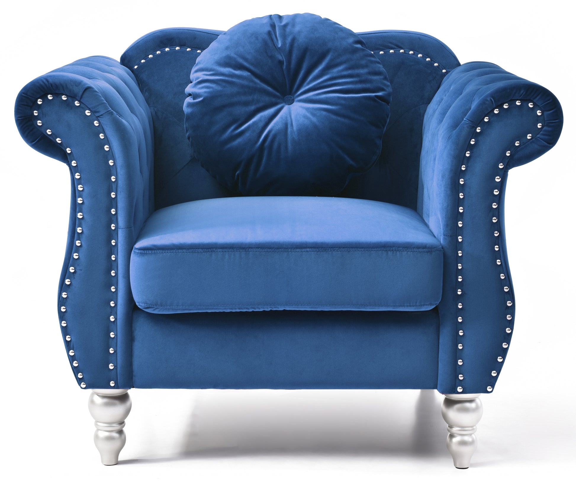 Deep blue velvet armchair with tufted back and silver nailhead trim
