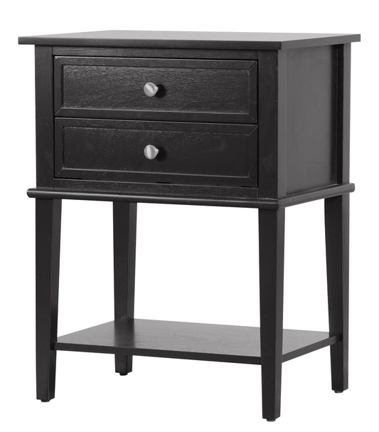 Black wood accent table with two drawers and a lower shelf