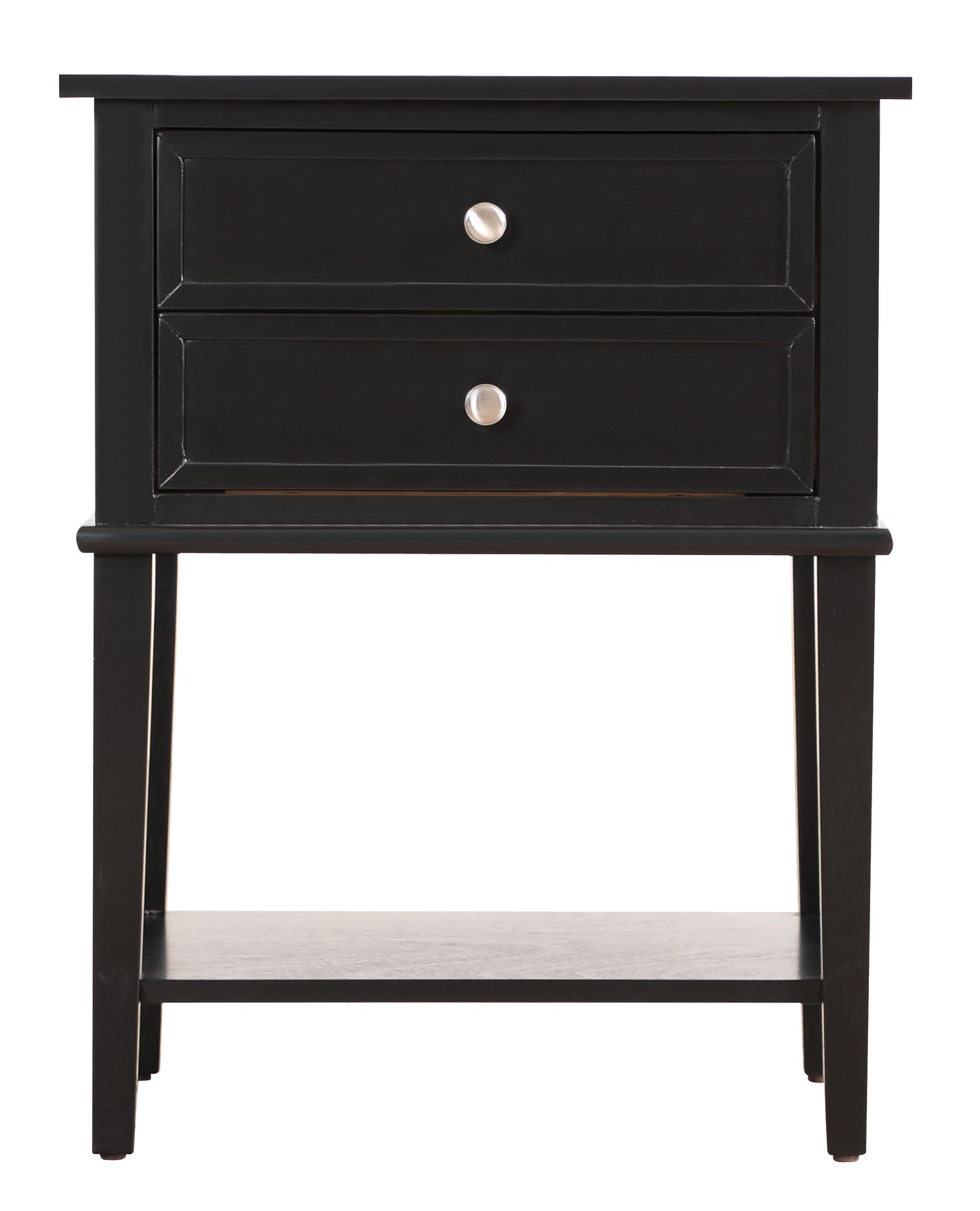Black wood bedside table with two drawers and an open shelf for storage