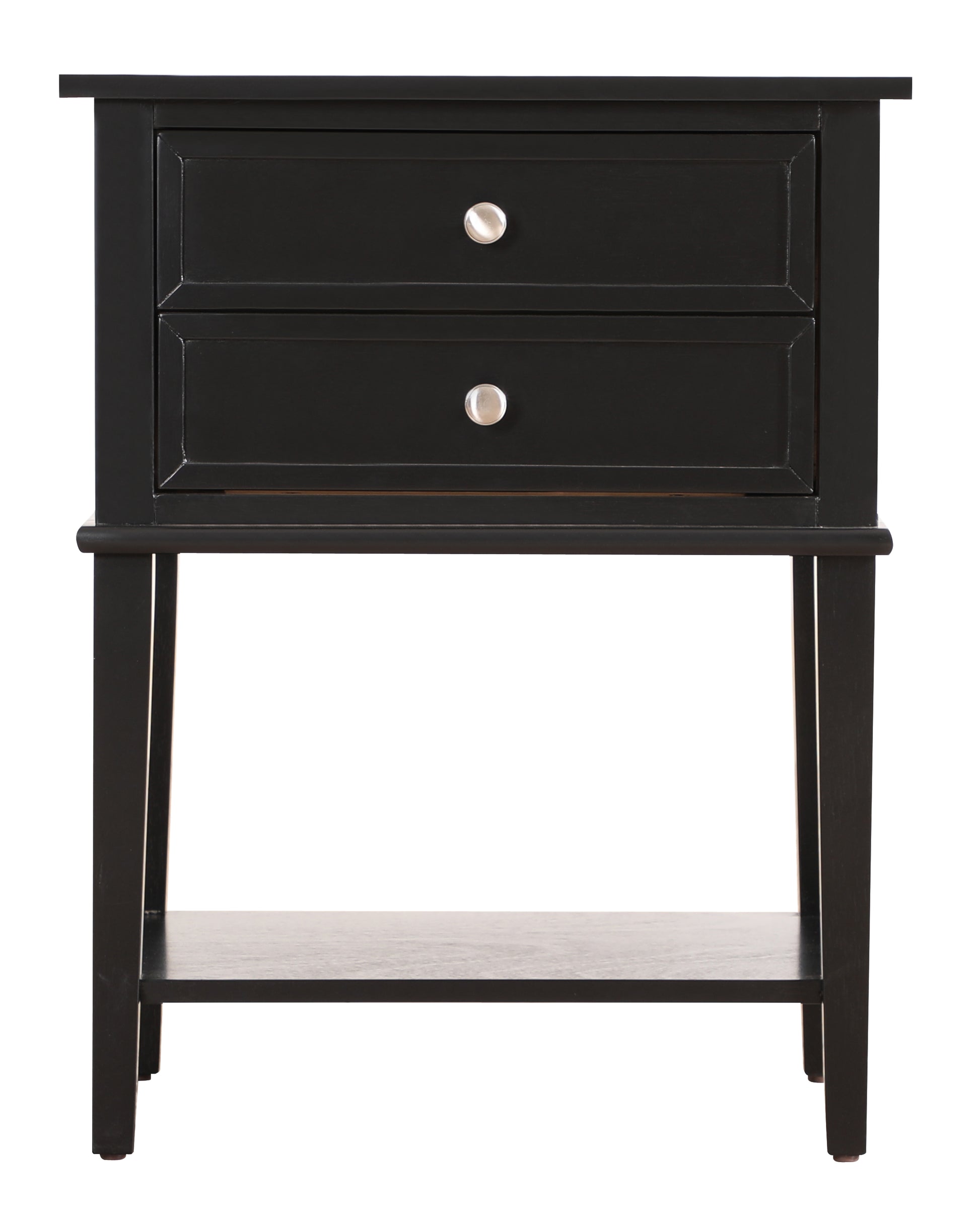 Black wood bedside table with two drawers and an open shelf for storage