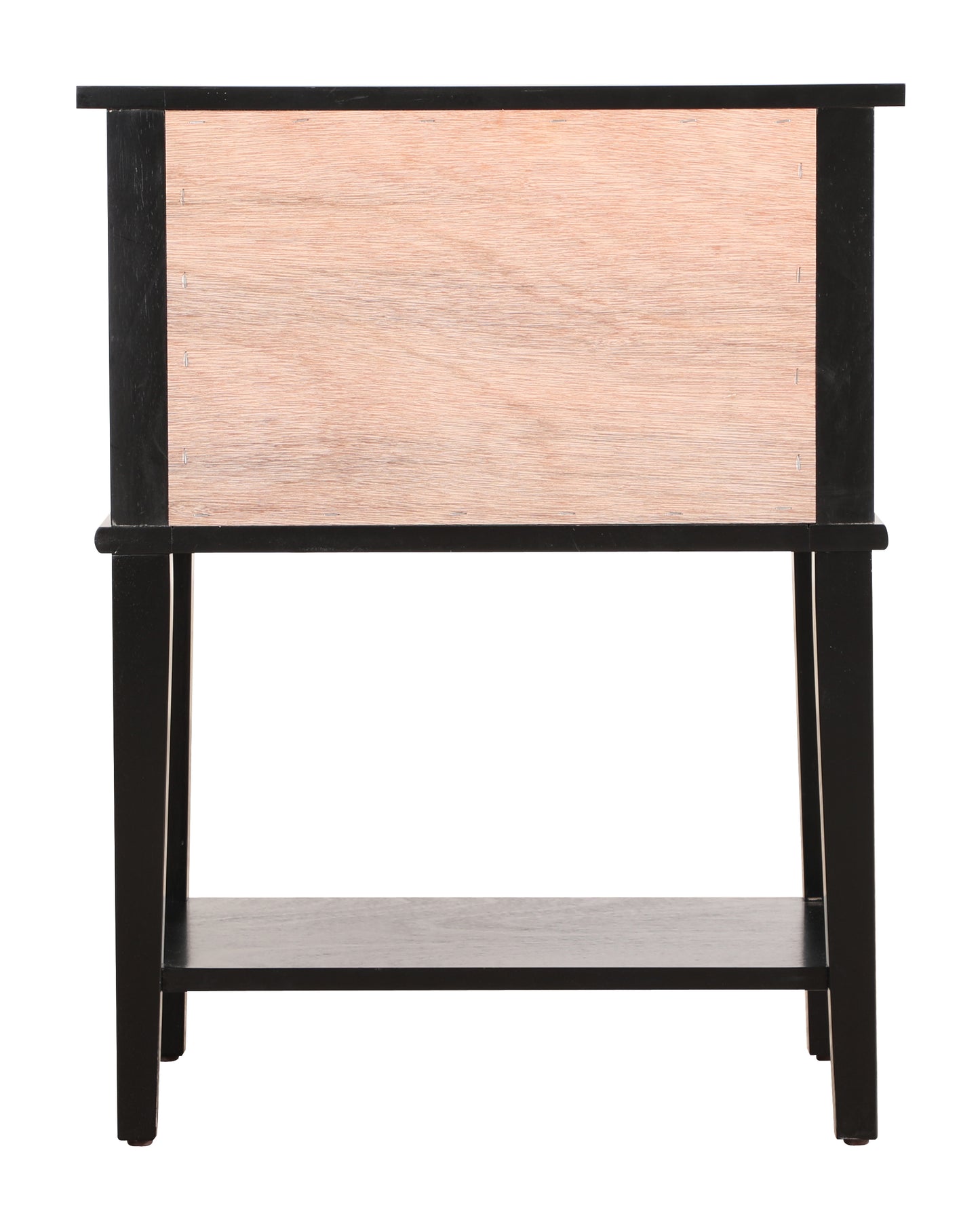 Black and light wood bedside table with open shelf below
