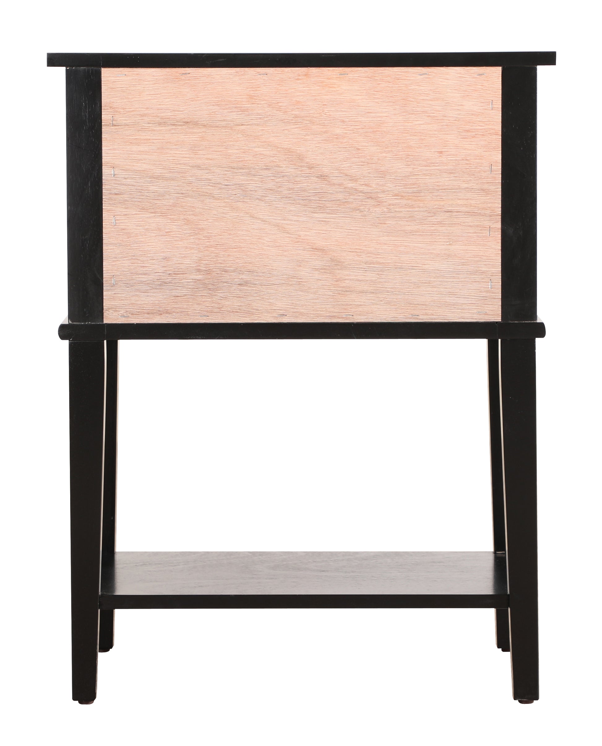 Black and light wood bedside table with open shelf below