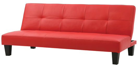 Red faux leather futon sofa with tufted back and black legs
