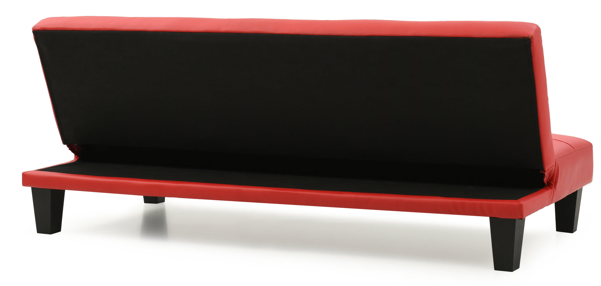 Red faux leather futon couch with black fabric backing and dark wood legs