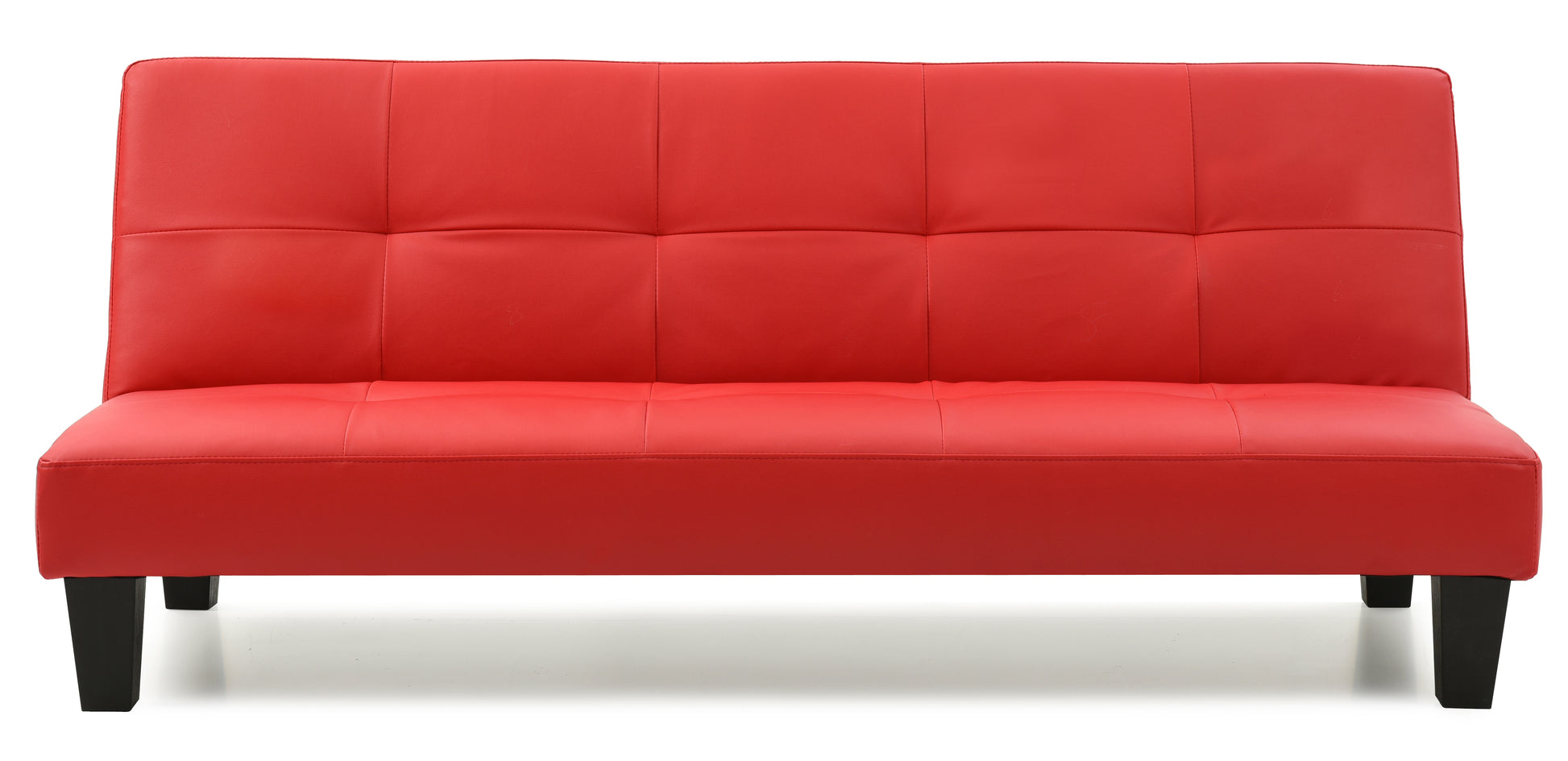 Red faux leather futon with tufted seat and backrest on black legs