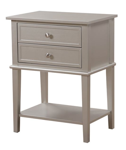 Taupe wood nightstand with two drawers and open shelf