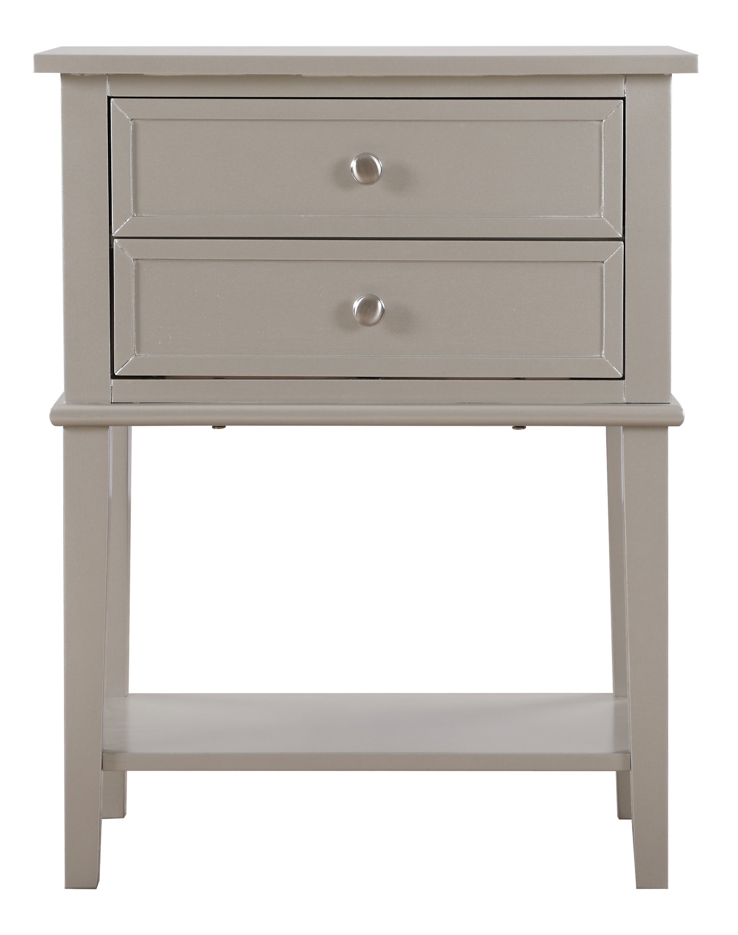 Gray wooden nightstand with two drawers and a lower shelf for bedside storage