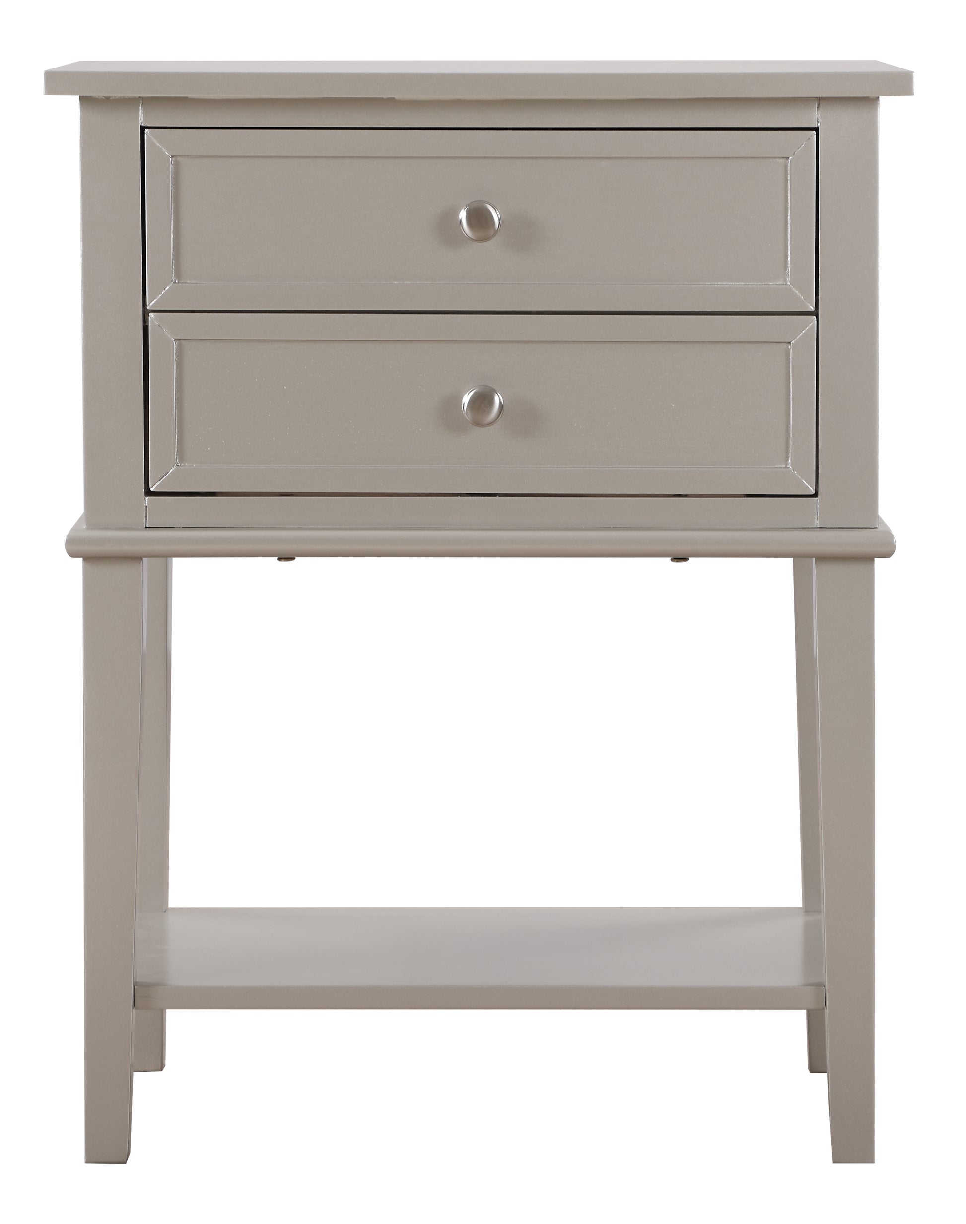 Gray wooden nightstand with two drawers and a lower shelf for bedside storage