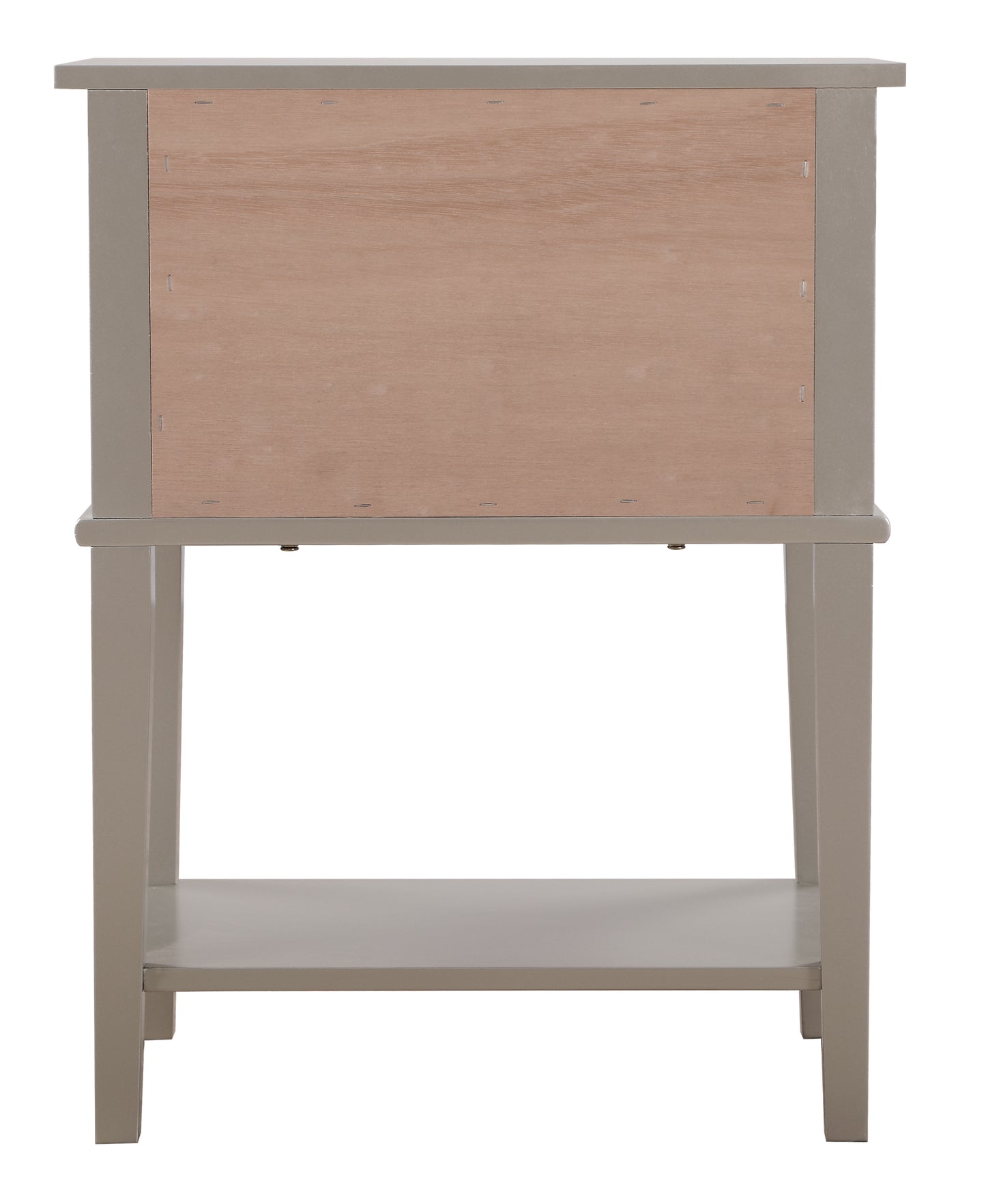 Back view of a taupe wooden nightstand with an open shelf and light wood panel