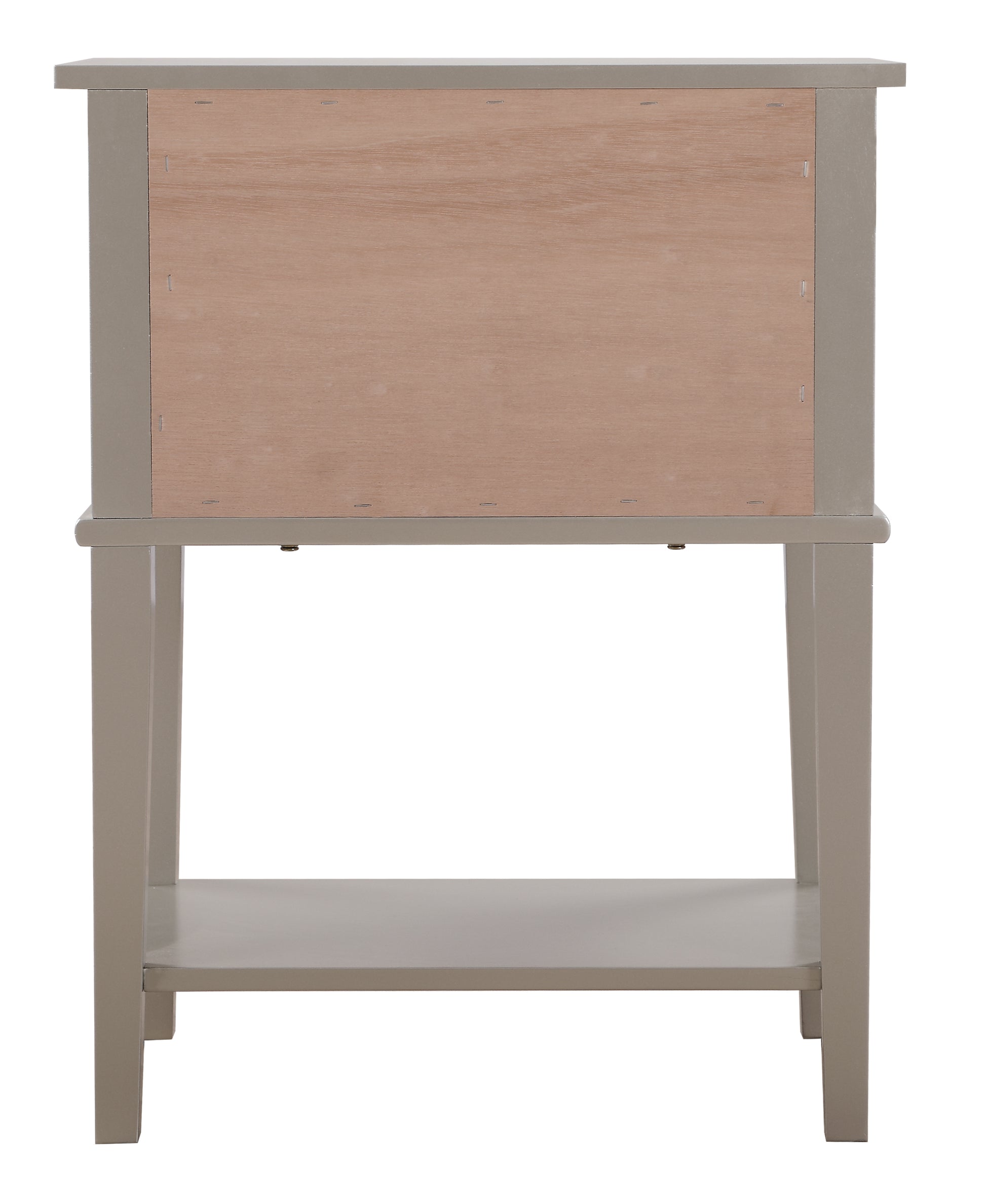 Back view of a taupe wooden nightstand with an open shelf and light wood panel