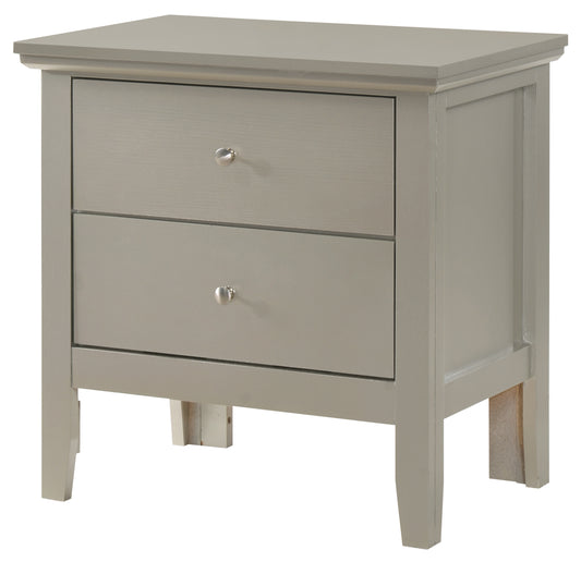 Gray twodrawer wooden nightstand with silver knob pulls perfect for bedroom storage