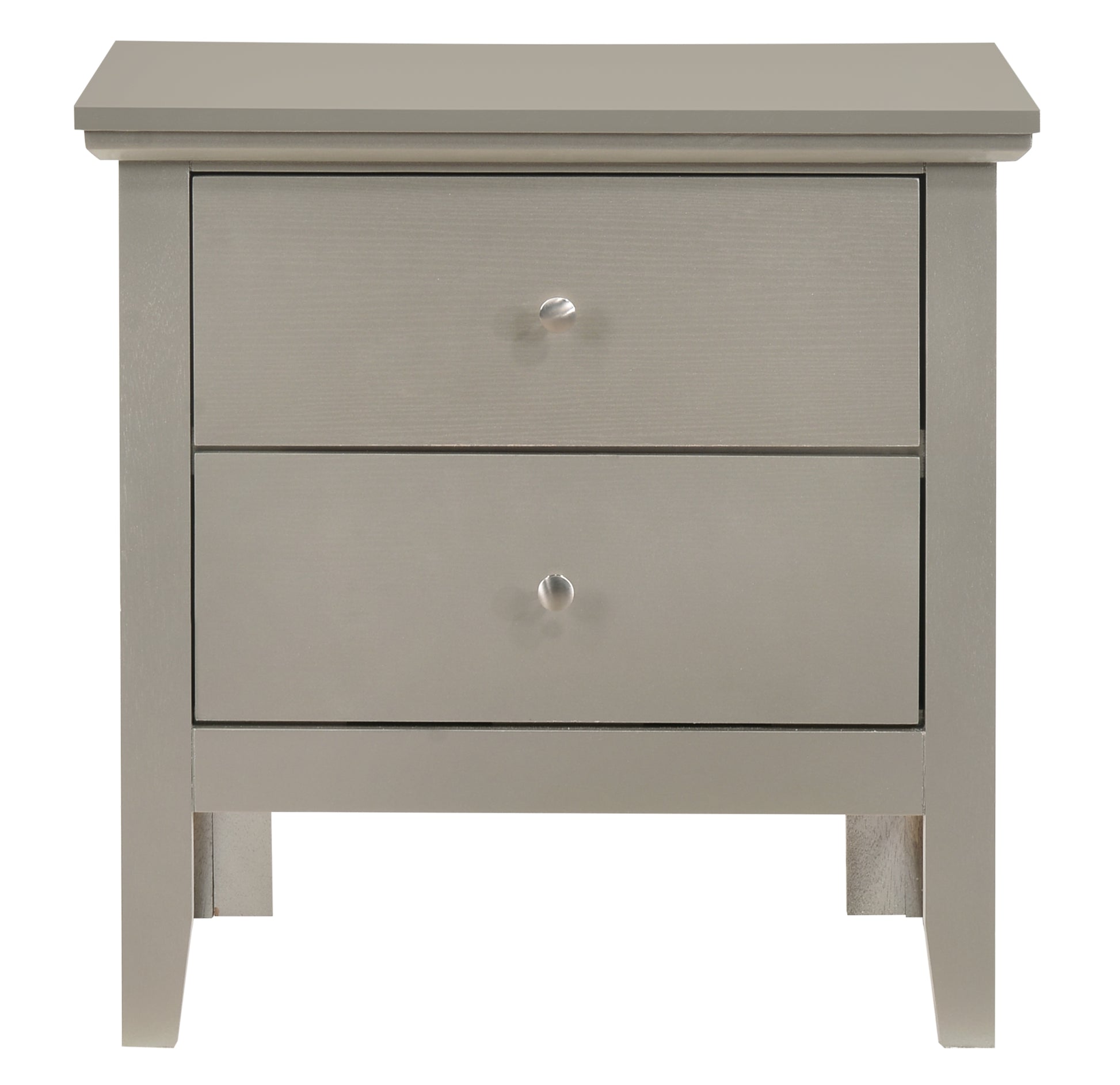 Modern grey twodrawer nightstand with brushed nickel knobs and clean lines
