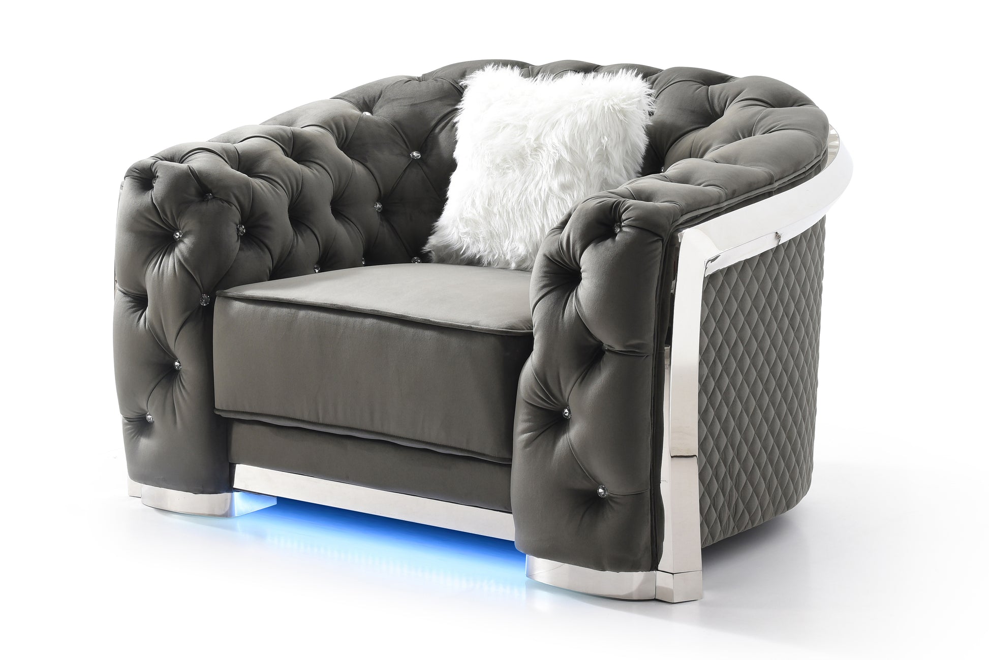 Tufted grey velvet armchair with crystal accents and LED base perfect for modern living rooms