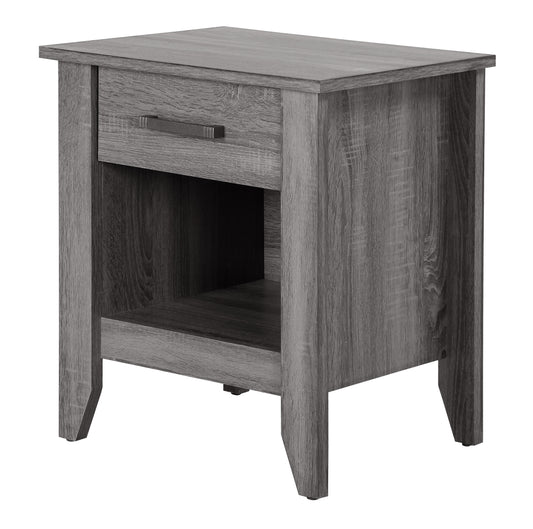 Gray wood grain nightstand with a single drawer and open shelf