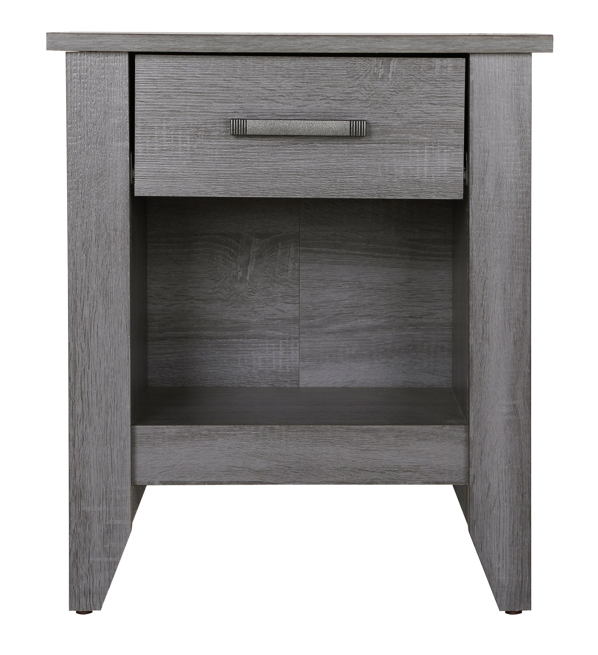 Grey wood grain nightstand with one drawer and open shelf This modern bedside table offers convenient storage
